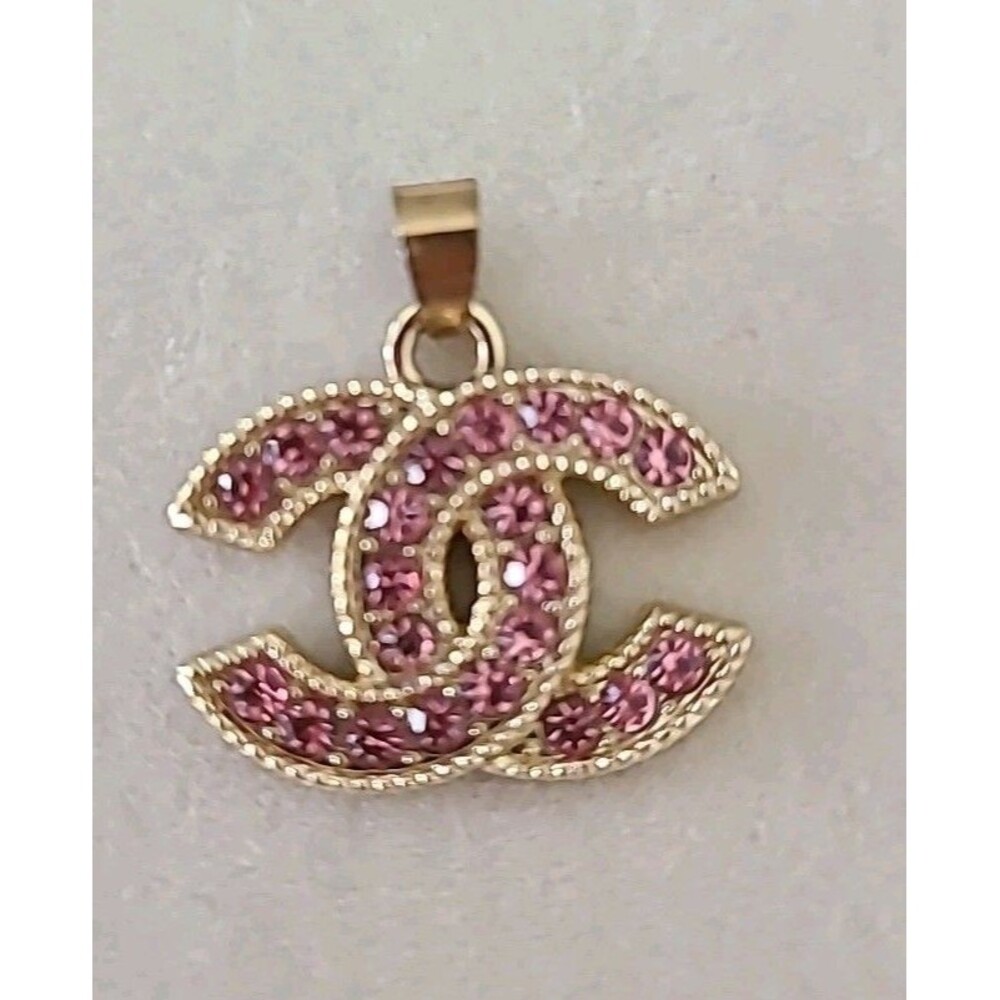 "Double C" CC Logo Gold Novelty Pink Crystal Charm Pendant